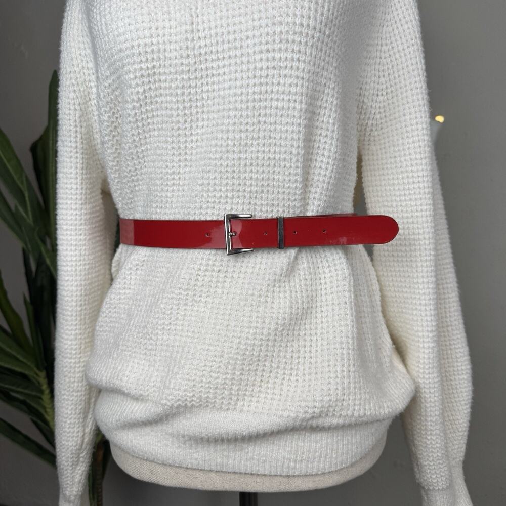 VTG Red Patent Leather Belt Silver Buckle Womens Skinny Waist Belt 80s Retro MOD